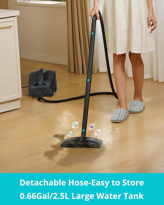 GROBELL Steam Cleaner: 40s Fast Heating-0.66Gal (2.5L) Large Tank-21 PCS Kit-No Cooling-Refill Anytime-Detachable Hose Steamer Mop for Home Grout Tile Shower Floor Cleaning Black
