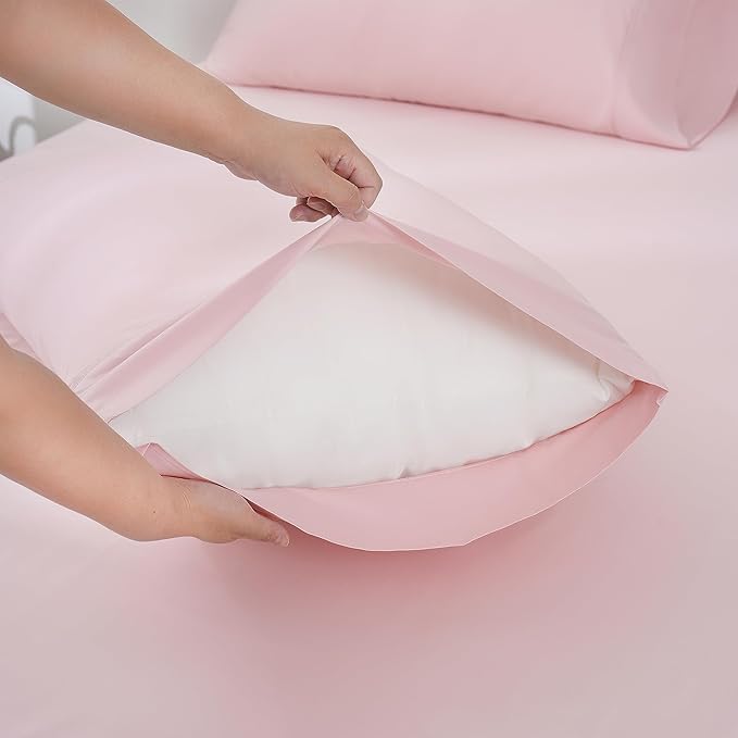 Linen World Queen Size 400TC Cooling Bed Sheet Set - 100% Organically Grown Viscose Sheets, Silky Soft & Breathable, Deep Pocket Fits Up to 16", 4-Piece Sheets with Pillowcases,Baby Pink