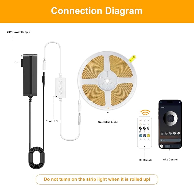 COB LED Strip Lights Warm White,24V Dimmable led Light Strip KIT with Remote and app Control,3000K 9.84FT/3m 8mm Wide Ra>90 Cuttable Flexible Strip Lights for Bedroom,Wardrobe,Cabinet