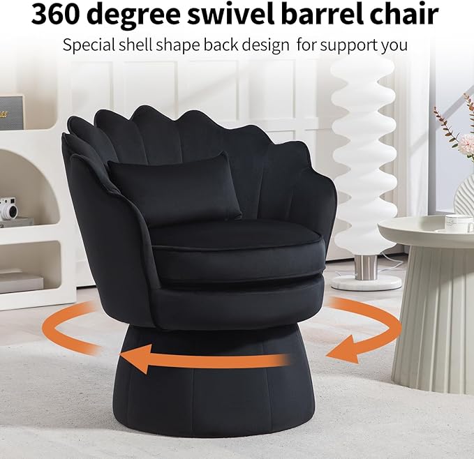 360° Swivel Accent Chairs Set of 2, Mid-Century Modern Velvet Barrel Chair, Comfy Shell Shape Arm Chair with Lumbar Pillow for Living Room, Bedroom, Office, Black
