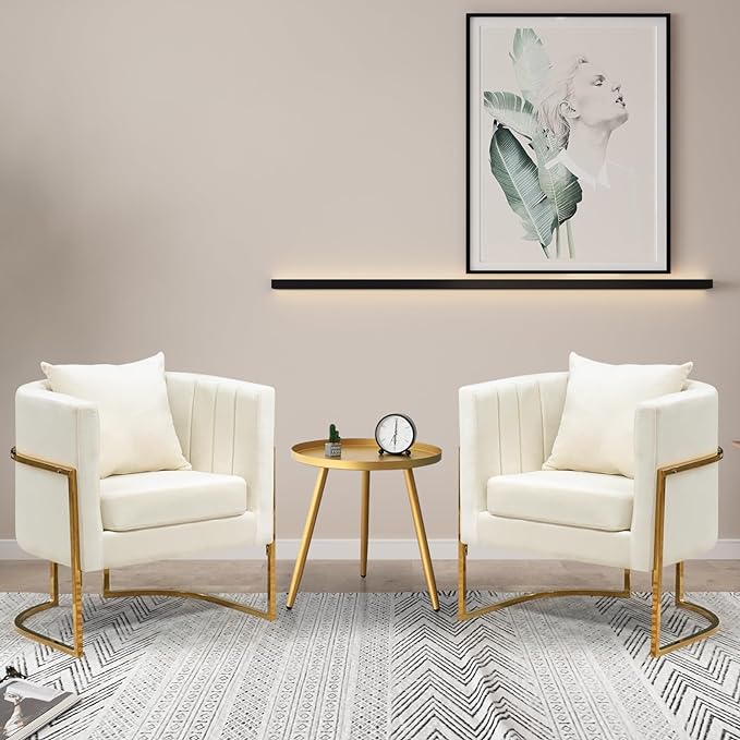 Velvet Modern Accent Chair, Upholstered Barrel Armchair Mid Century with Pillow for Living Room, Comfy Single Vanity Chair with Metal Gold Legs for Bedroom, White