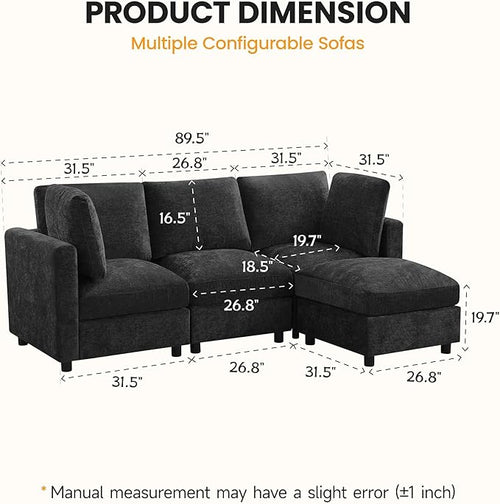 89'' 3-Seater Modular Sectional Cloud Sofa with Ottoman, L-Shaped Couch for Living Room, Modern Convertible Deep Seats Sofa, Chenille Dark Grey