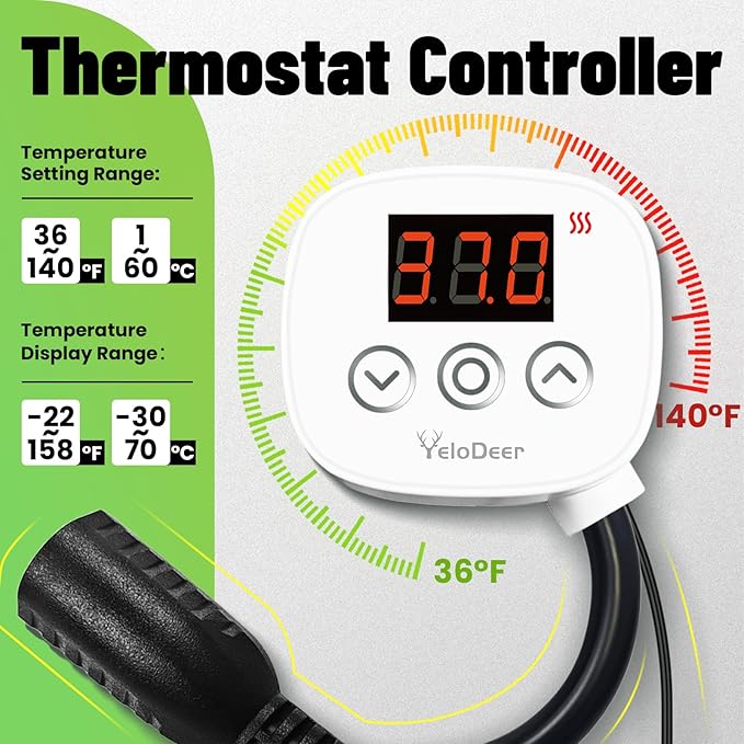 YeloDeer Digital Temperature Controller Outlet, Plug in Thermostat Switch 34-140°F, Timer Range 0h-10h,for Pipe Heating Reptile Greenhouse Aquarium Brewing Seedling Breeding and Hatching 110-120V 10A