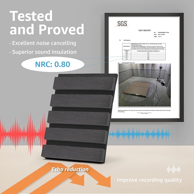 Art3d 2 Wood Slat Acoustic Panels for Wall and Ceiling - 3D Fluted Sound Absorbing Panel with Wood Finish - Matte Black
