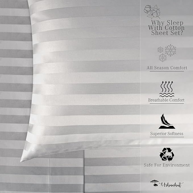 URBANHUT 800 Thread Count 100% Cotton Damask California King Size Sheets Set, 4 Piece Striped Cal King Size Bedsheets, Luxury Hotel Sheets Sateen Weave, 16" Elasticized Deep Pocket- Silver Grey