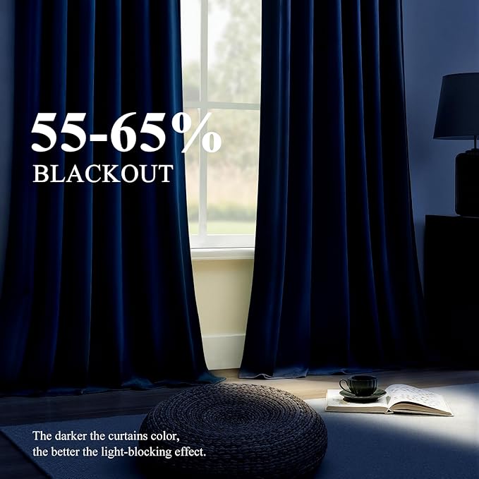 90 Inch Long Velvet Curtains for Living Room, Elegant Privacy Thermal Curtain Room Darkening Back Tab & Rod Pocket Soft Luxury Room Darkening Window Drapes for Bedroom, W52 x L90, Navy Blue, 2 Pcs