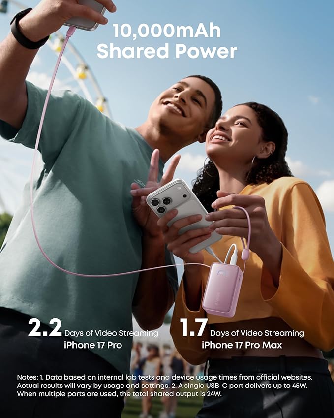 Anker Nano Portable Charger, 10,000mAh 45W Max Compact Power Bank, Travel Essential Phone Battery Pack with 2.3 ft InstaCord Retractable Cable for iPhone 17/16 Series, iPad, Galaxy, and More (Pink)
