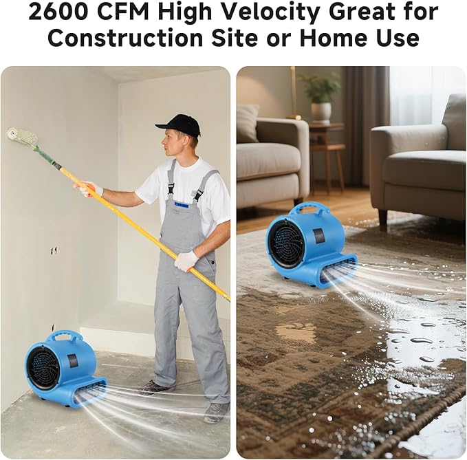 blessny 1/2 HP ETL Listed Carpet Dryer Fan, 2600 CFM Air Blower Mover for Home Drying, 15 Ft Long Cord Portable Floor Blower Fan with 3-Speeds Daisy Chain Function (Blue)