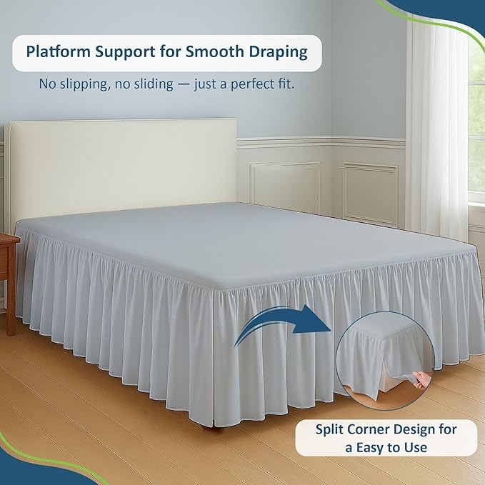 Rajlinen Ruffled Bed Skirt King, 10 Inch Drop Dust Ruffle with Split Corners, 100% Microfiber Bedskirt with Platform, Three-Sided Coverage Ruffled Gathering Design, Light Grey