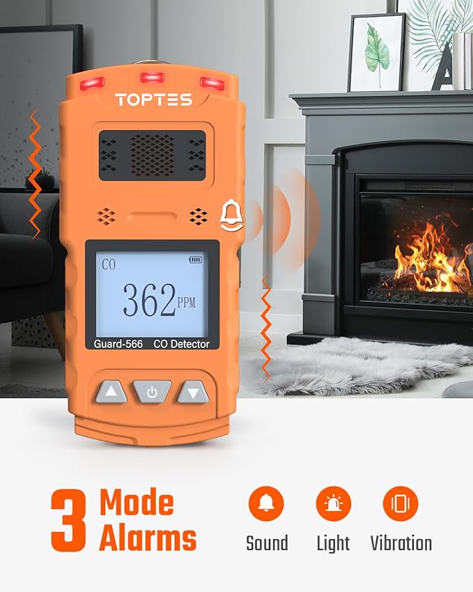 TopTes Guard-566 Portable Carbon Monoxide Detector, Rechargeable CO Detector with Back Clip, Vibration, Visual and Audible Alarms, 168h Long Standby, Adjustable Alarm Thresholds for Home, Work Use
