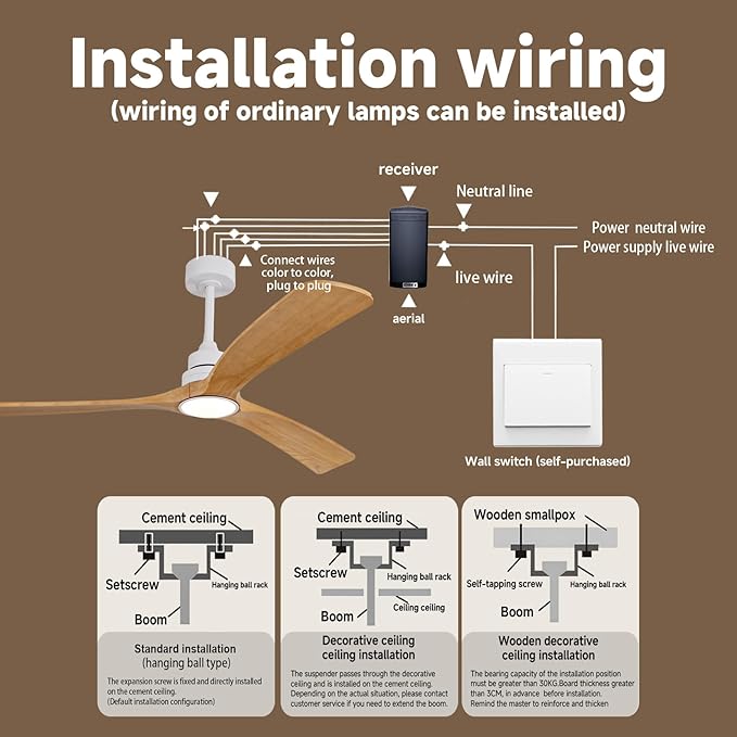 Gaizw 52 Inch Ceiling Fans with Lights and Remote Control, Modern Wooden Ceiling Fan, 2 Downrods 3 Blades Ceiling Fan with Light, 6 Speeds Reversible Quiet DC Motor Indoor Outdoor Fans
