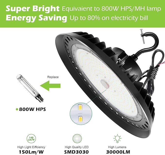 BFT UFO LED High Bay Light 200W 5000K Daylight High Bay LED Shop Lights 30000LM 1-10V Dimmable ETL Listed LED High Bay Light with 6ft US Plug Commercial Warehouse Lights