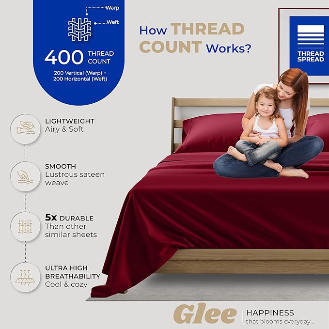 THREAD SPREAD California King Sheet Set - 400 Thread Count 100% Cotton, 4 PC Cal King Cooling Sheets, Soft Breathable Bed Set, 16" Deep Pocket (Burgundy)