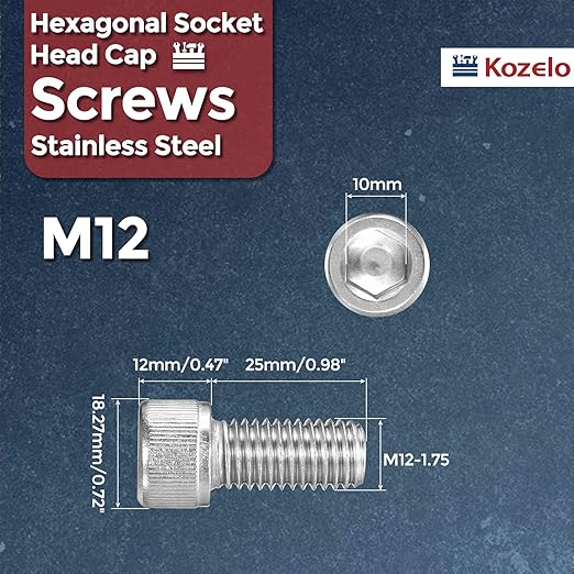 Kozelo 8pcs Socket Head Cap Screws - [M12-1.75 x 25mm] 304 Stainless Steel Allen Socket Drive for Electrical Motor 3D Printing Fan Engine Replacement Use, Silver