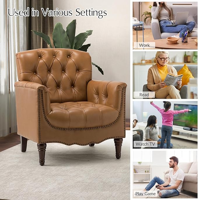 HULALA HOME Mid Century Modern Leather Club Chairs Set of 2, Top-Grain Genuine Leather Armchairs with Button-Tufted Back & Solid Wood Legs, Accent Chairs for Living Room/Bedroom/Home Office, Camel