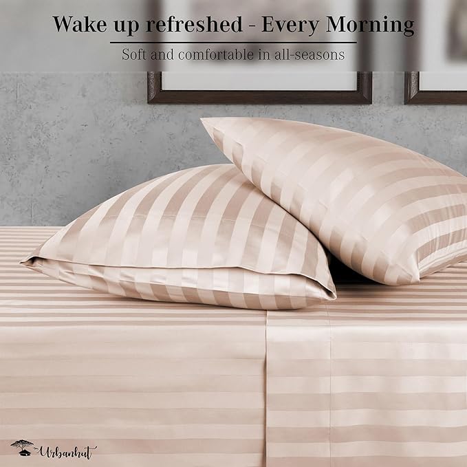 URBANHUT 800 Thread Count 100% Cotton Damask King Size Sheets, 4 Piece Striped King Size Bedsheets, Luxury Hotel Sheets Sateen Weave - Better Than Egyptian, 16" Elasticized Deep Pocket- Blush Pink