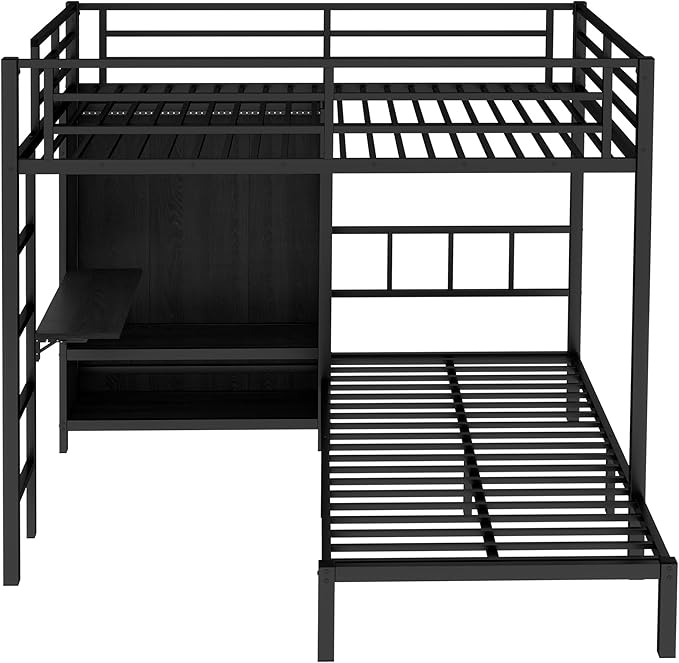 Full XL Over Twin Metal Bunk Bed with Folding Desk, Closet with LED,Space-Saving/Noise Reduced, Black