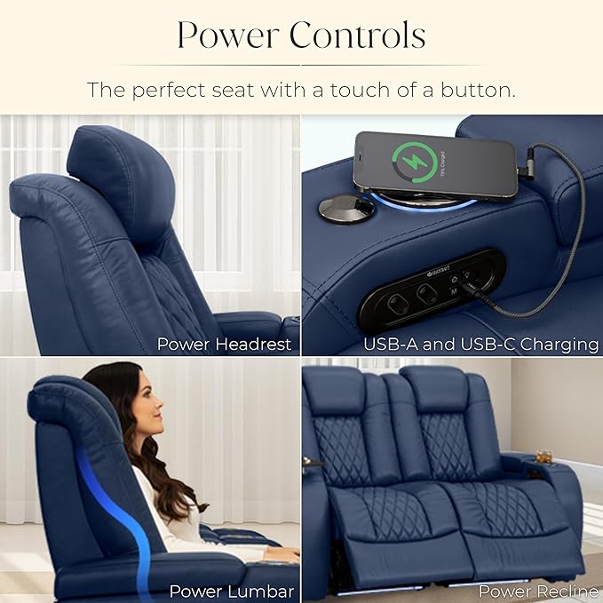 Seatcraft Diamante Zero-Gravity CoolZero Italian Leather Home Theater Seating, Power Headrest, Power Recline, Row of 4 Dual Loveseats, Navy Blue