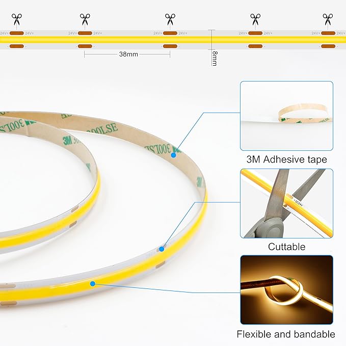 65.6ft COB LED Strip Light Warm White, High Bright LED Strips with 320LEDs, RF Remote and UL Power Supply, 2700K Dimmable LED Lights for Bedroom,Kitchen, DIY Home Decoration, 2 Rolls of 32.8ft