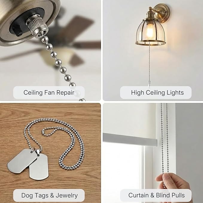 SmoTecQ 10 Feet (120 Inch) Ceiling Fan Pull Chain Extension - Nickel Plated Silver - 3mm Beaded Ball Chain with 12 Connectors - Rust Proof Solid Brass for Light Fixtures & DIY Crafts