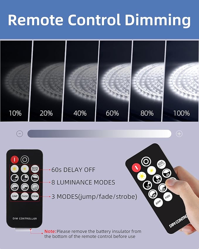 JNGMAIR 66ft LED Strip Lights with Remote, 6500K Daylight White Dimmable Tape Lights, 12V 1200 LEDs 2835 Strong Adhesive Rope Lights for Cabinet Kitchen Ceiling Closet Vanity Mirror Stairway Basement