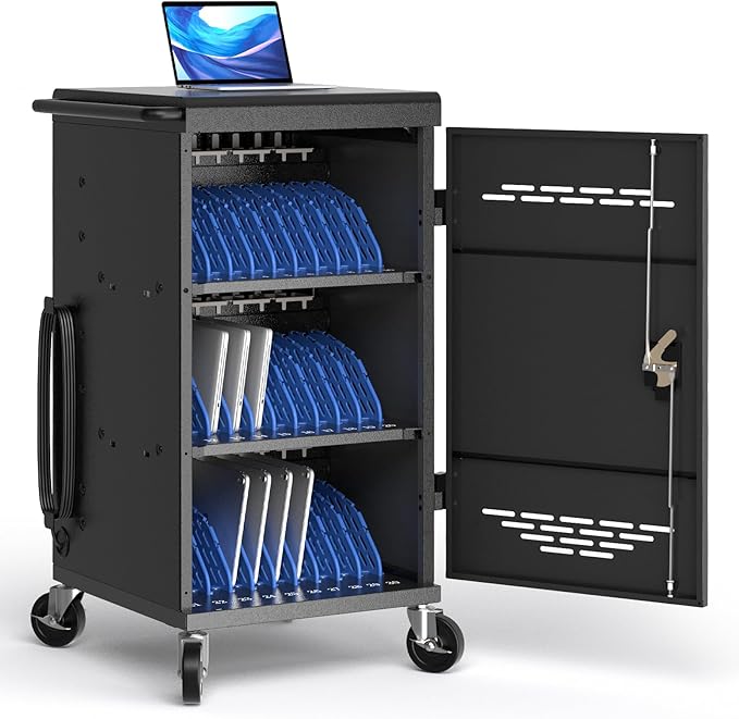 Fully Assembled 30 Unit Device Charging Station for Chromebook, iPad, 14'' Laptop - Charging Cart with Charger Cable Management, Circuit Breaker, Grounding Protection