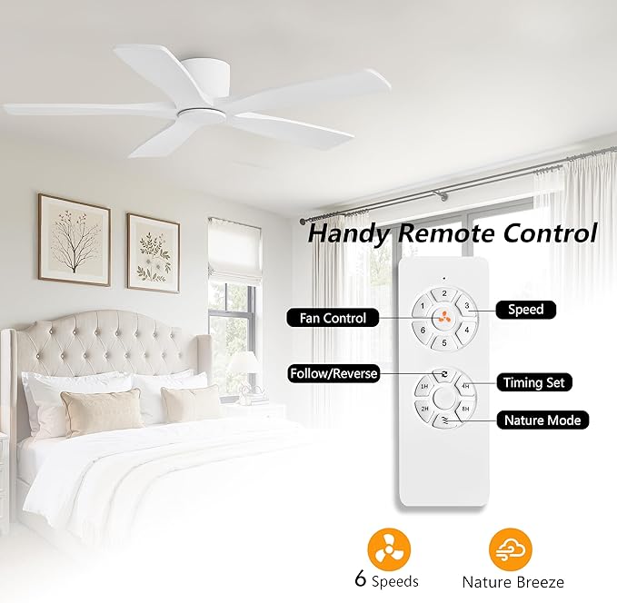 WINGBO 54" Flush Mount DC Ceiling Fans Without Lights, 5 Carved Solid Wood Blades, 6-Speed Reversible DC Motor, Low Profile Hugger Ceiling Fan No Lights for Living Room Bedroom Patio, Gloss White