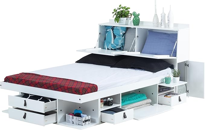 memomad Bali Set: Storage Platform Bed with Drawers + Bookcase Headboard (Full Size, White Wood)