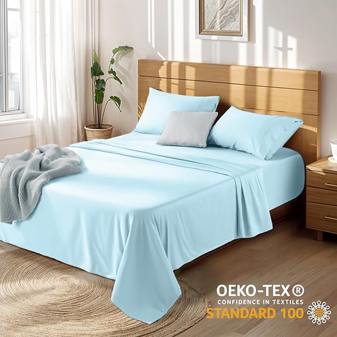 LBRO2M 100% Cotton Sheets Set Deep Pocket 19", 1000 Thread Count Full Size 4 Piece Bed Sheet Sets Soft Comfortable Bedding All Season (Full, Light Blue)