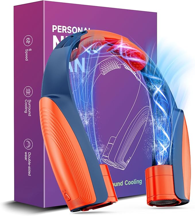 AI Portable Neck Fan with 6 Powerful Speeds, 8000mAh Battery Operated USB-C Rechargeable Fan, Hands-Free 360° Cooling Neck Fan,Ultra-Quiet Personal Fan for Women Men Office Travel(Orange-Blue)
