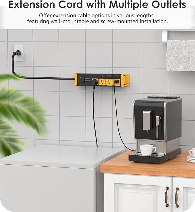 CCCEI Heavy Duty Surge Protector Power Strip 20 Amp Individual Switches. 10FT 12 Gauge Extension Cord with Multiple Outlets. Kitchen, Garage, Shop, Industrial Wall Mount Electric Extender, Yellow.