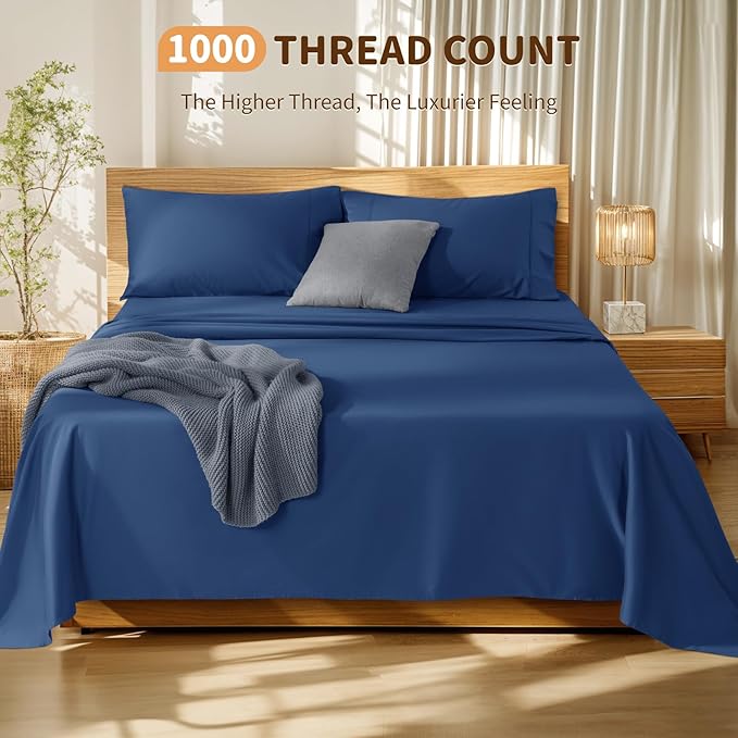 LBRO2M 100% Cotton Sheets Set Deep Pocket 19", 1000 Thread Count Full Size 4 Piece Bed Sheet Sets Soft Comfortable Bedding All Season (Full, Navy Blue)