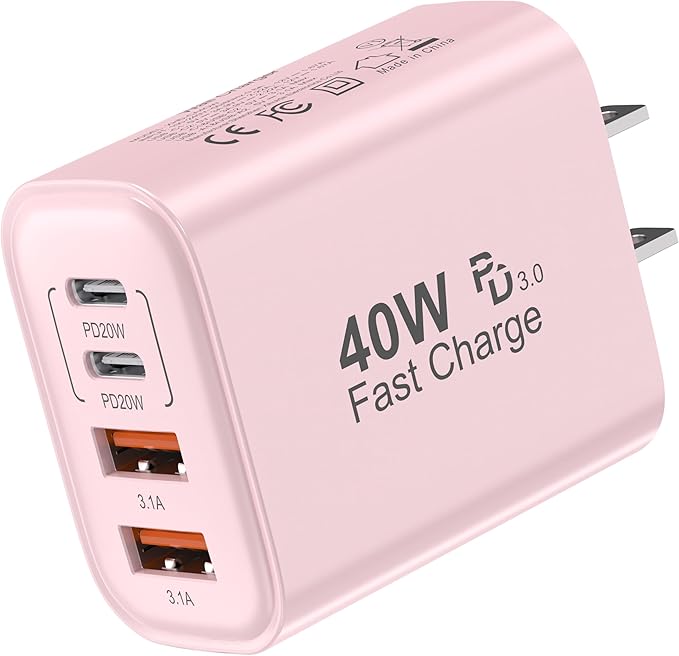 TT&C USB C Block 40W, 4 Ports Wall Plug Fast Charging Block, PD+QC Multiport Power Adapter USB C Charger Type C for iPhone 17, 17 Air, 17 Pro, 17 Pro Max, 16,15,14,13,12, Galaxy Phones (Pink 1Pack)