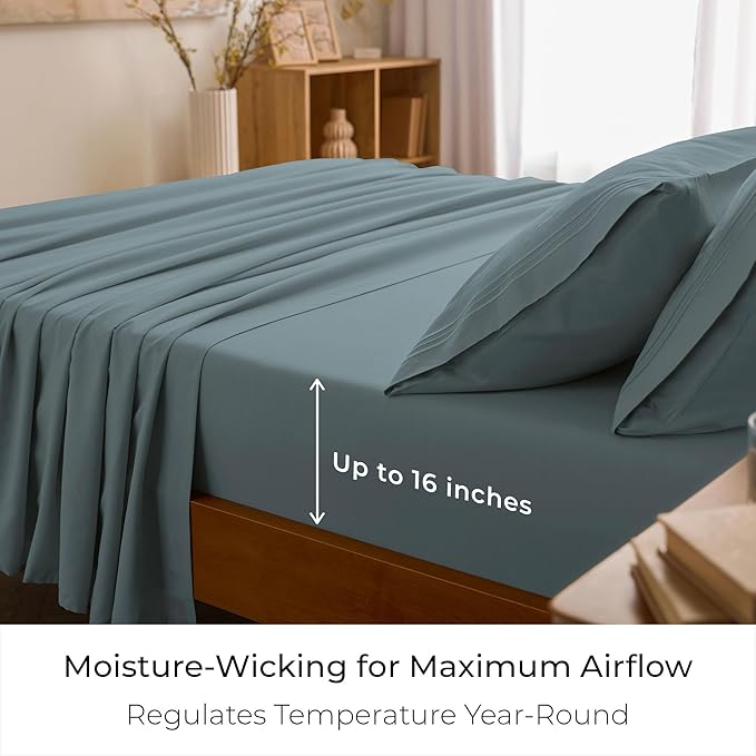 Mellanni Split King Sheet Set - 7-Piece Iconic Collection Bedding, (Including 4 Pillowcases), 16-Inch Deep Pocket, Easy Care, Extra Soft, Cooling Sheets, Brushed Microfiber - Spa Blue
