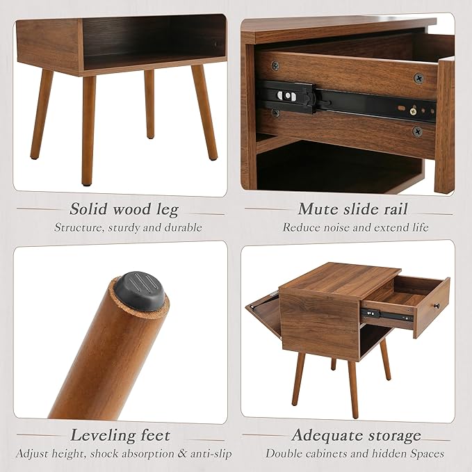Hidden Compartment Night Stand Set 2, Mid Century Modern Concealment Furniture, End Table with Storage Drawer, Bedside Table with Wood Legs for Bedroom (2,Walnut)