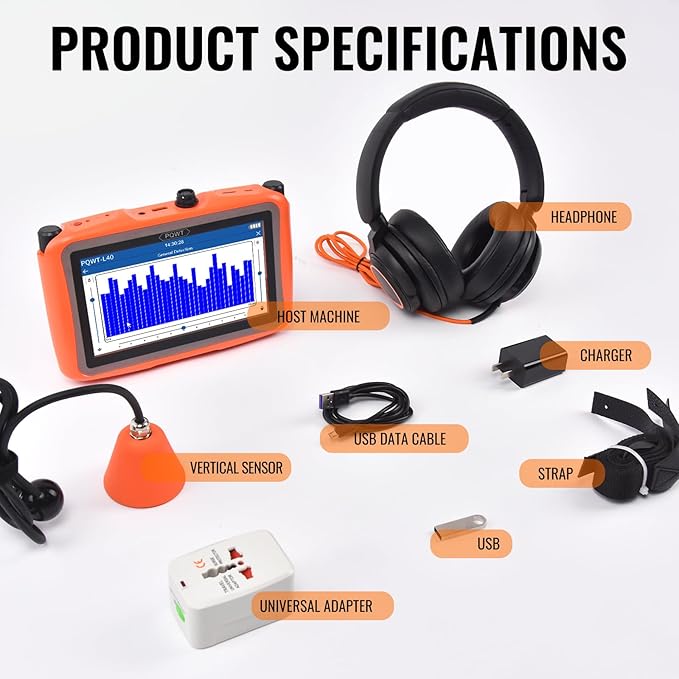 PQWT L40 Underground Water Leak Detectors for Home Wall Water Pipe Detector Machine Vertical Sensor Acoustic Pipeline Leakage Detection Kit Noise Reduction Headphone Smart Touchscreen Carry Case