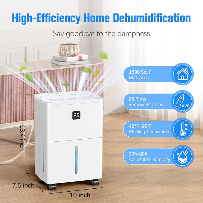 DEVERSE Max 25 Pints Dehumidifier for Home/Bedroom/Basement, 1500 Sq.Ft Coverage, with Drain Hose, Smart Humidity Control & Large Tank