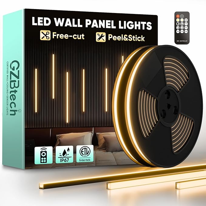 GZBtech Flexible LED Recessed Strip Light for Wood Slat Wall Panels 33FT, 3000K Warm White Cuttable Neon Rope Lighting with Remote Control, Dimmable IP67 Waterproof Black Strip Lights, ETL Listed