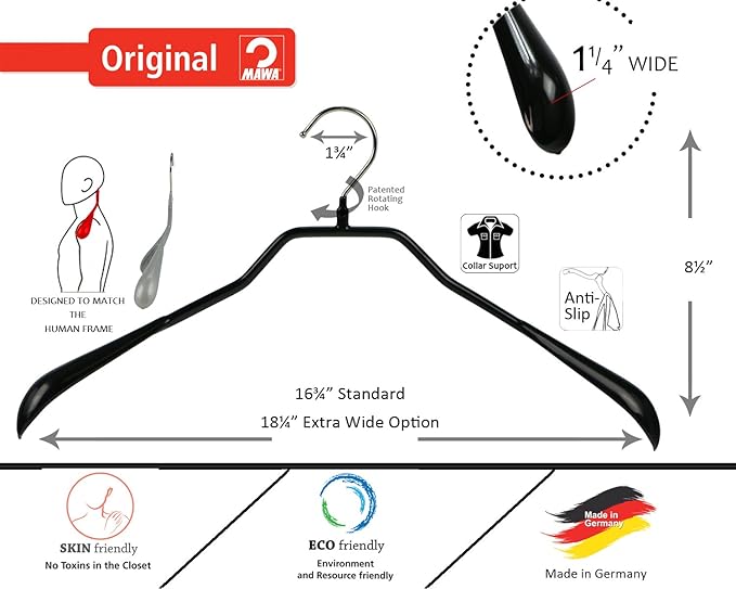Mawa by Reston Lloyd BodyForm Series Non-Slip Space-Saving Clothes Hanger For Jackets, Suits & Coats, 16-1/2",Style 42/L, Set of 5, White