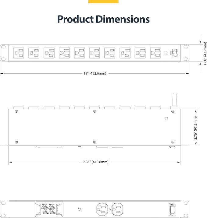 StarTech.com 12-Outlet Horizontal Rack Mount Metered PDU, 1U Server Power Strip w/Surge Protector, 8ft/2.4m Power Cable, TAA