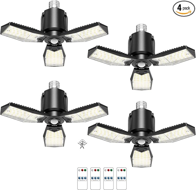 Kryoza 4-Pack Garage Lights with Motion Sensor, 8000LM Motion Sensor Light Indoor with 3 Deformable Design and Auto-Off, E26 Screw-in 6500K Motion Activated Bulbs for Ceiling/Basement