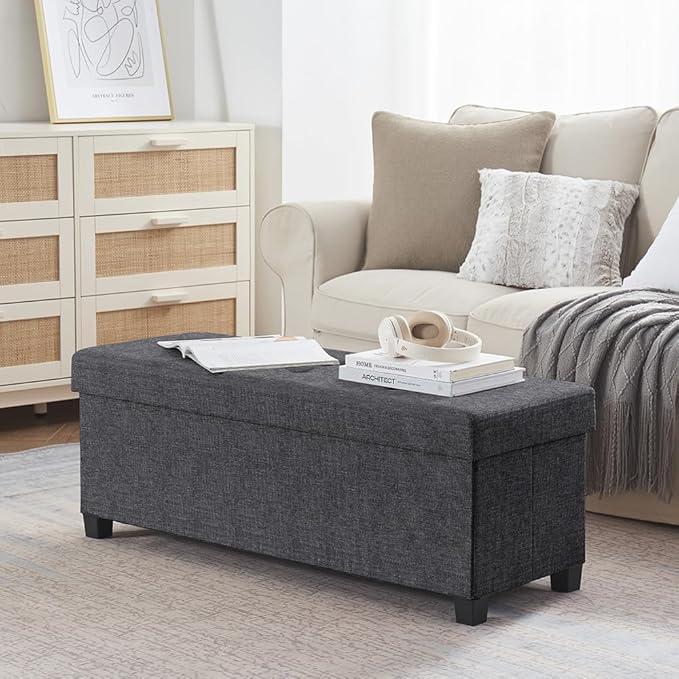 Ornavo Home 43 Inch Storage Ottoman, Large Storage Bench, Ottoman with Storage with Legs, Foot Rest Stool, Bedroom Bench - Dark Gray