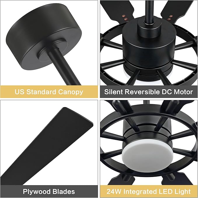 ELEHINSER 80 Inch Ceiling Fan with Lights and 3 Downrods, 8 Plywood Blades, 6-Speed Noiseless Reversible DC Motor, 3CCT, Windmill Ceiling fan for Kitchen Bedroom Living Room, Matte Black