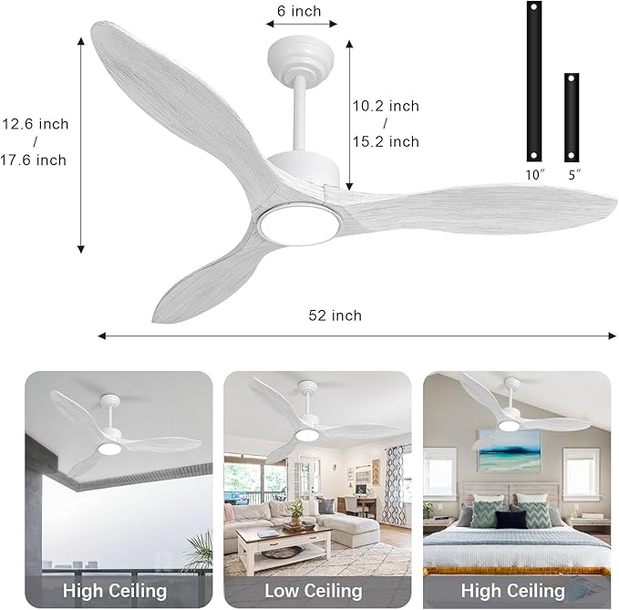 revoici 52 Inch White Ceiling Fan with Lights and Remote, Retro White Wood Low Profile Flush Mount Modern Ceiling Fan for Indoor Farmhouse Bedroom Living Room Outdoor Patio Porch, Reversible DC Motor