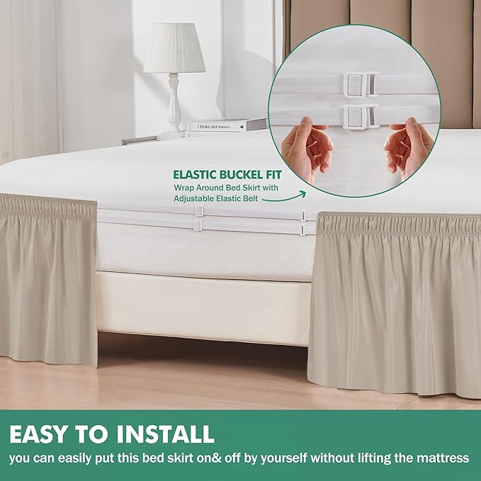 Biscaynebay Wrap Around Bed Skirts with Split Corners for Queen Beds 16" Drop, Light Camel Elastic Dust Ruffles Adjustable Easy Fit Wrinkle & Fade Resistant Silky Luxurious Fabric Machine Washable