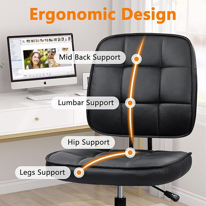 CLATINA Armless Home Office Chair with Lumbar Support and Wheels, Small PU Leather Ergonomic Low Back Desk Chairs No Arms, Adjustable Height 360° Swivel Rolling Computer Task Chair, Black, 8 Pack