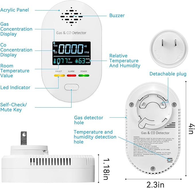 Carbon Monoxide Detectors, Plug in Natural Gas Leak Detector, 4-in-1 Carbon Monoxide Alarm with CO Gas Temp Humidity Sensor, Clear LCD Display Sound & Light Warning for Home, RV, Apartment, Hotel