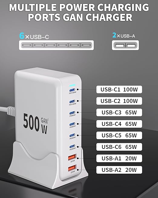 500W USB C Charger Block Charging Station,GaN3 8-Port Fast Charger Block with Dual PD 100W USBC Fast Charging Station Desktop Hub Compatible with iPhone 17 16 15 14/Pro Max/MacBook Pro/Air/iPad(White)