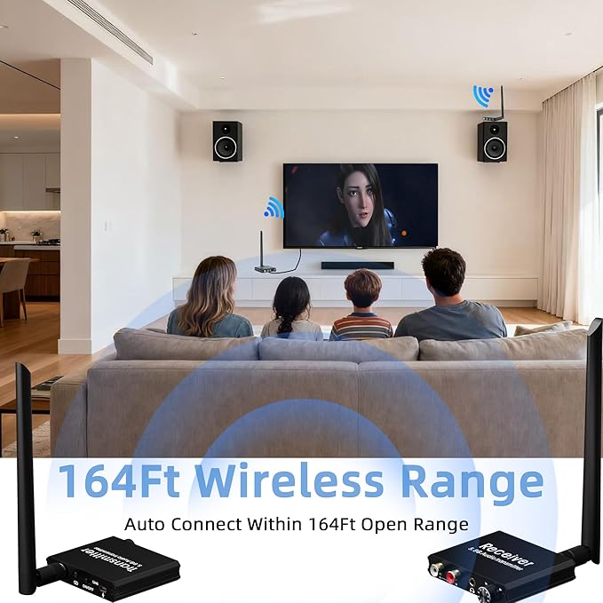 YEUGICEO 5.8GHz Wireless RCA AUX Audio Transmitter Receiver for TV Pojector,164Ft,9ms Latency, Volume Contral Knob, Used for TV Pojector to Activer Speaker Soundbar AMP