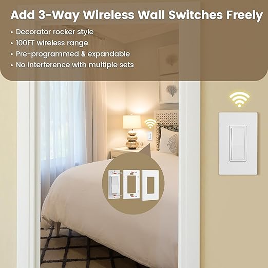 SURAIELEC 3 Way Wireless Light Switch, Remote Control Outlet, Decorator Rocker Wall Switch, 15 AMP, 100ft RF Range, No Wiring No WiFi, for Plug in Pendant Light, Lamp, Small Electrical Appliance